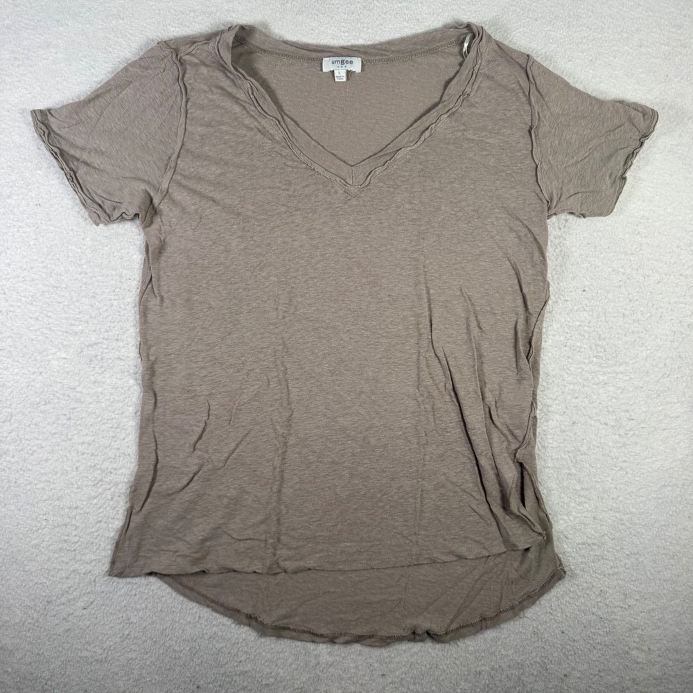Umgee T-Shirt Womens L Taupe Excellent Raw Edge Seam V-Neck Slub Knit Tee